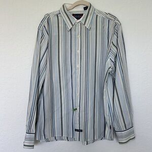 English Laundry Men's Casual Button Down Blue White Green Striped Shirt 3XL